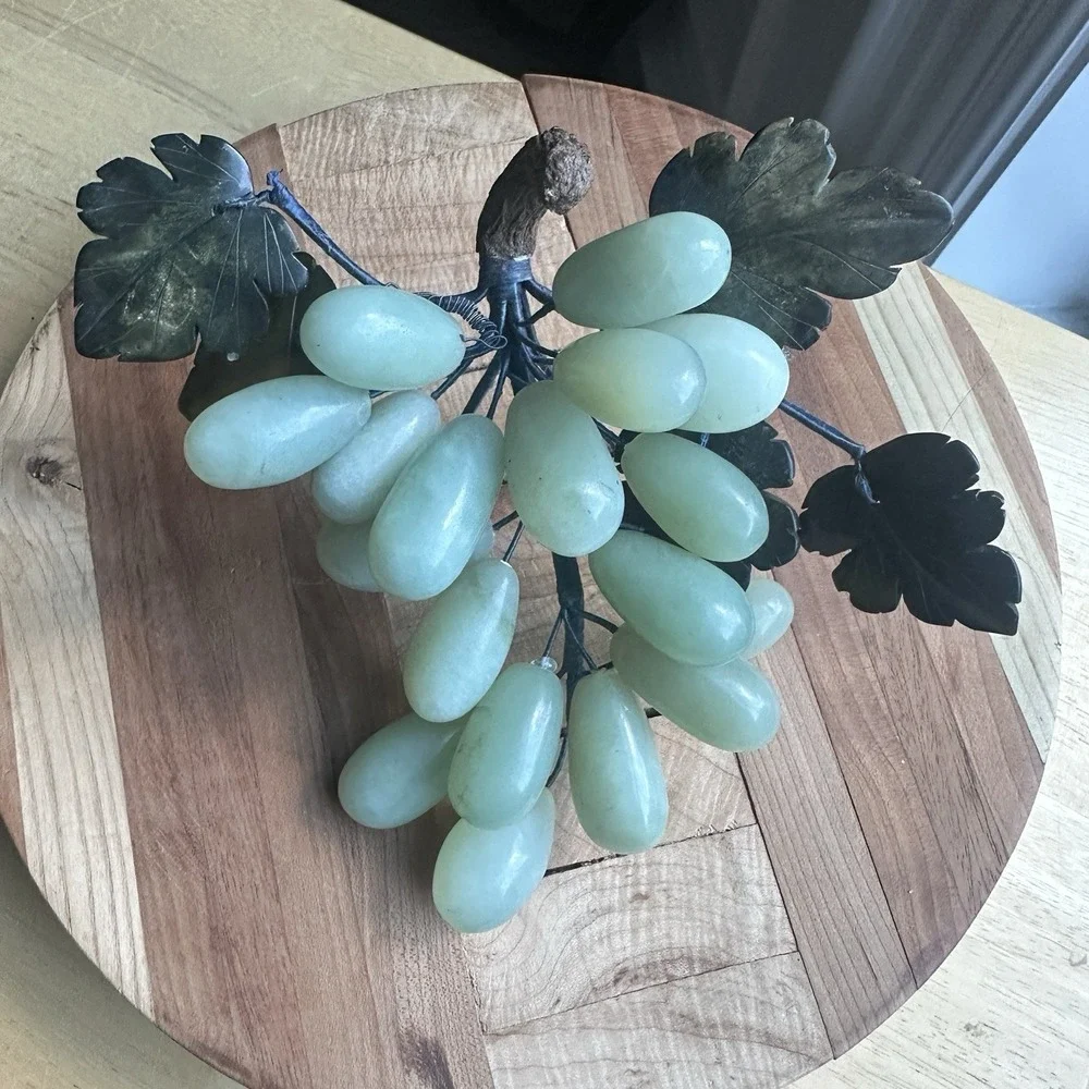 Vintage Grape Cluster 7 Inch Nephrite Jade Alabaster Leaves Mid Century Decor